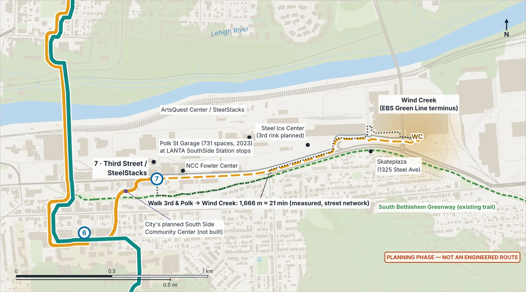 Map of Third Street, SteelStacks and the walk to Wind Creek