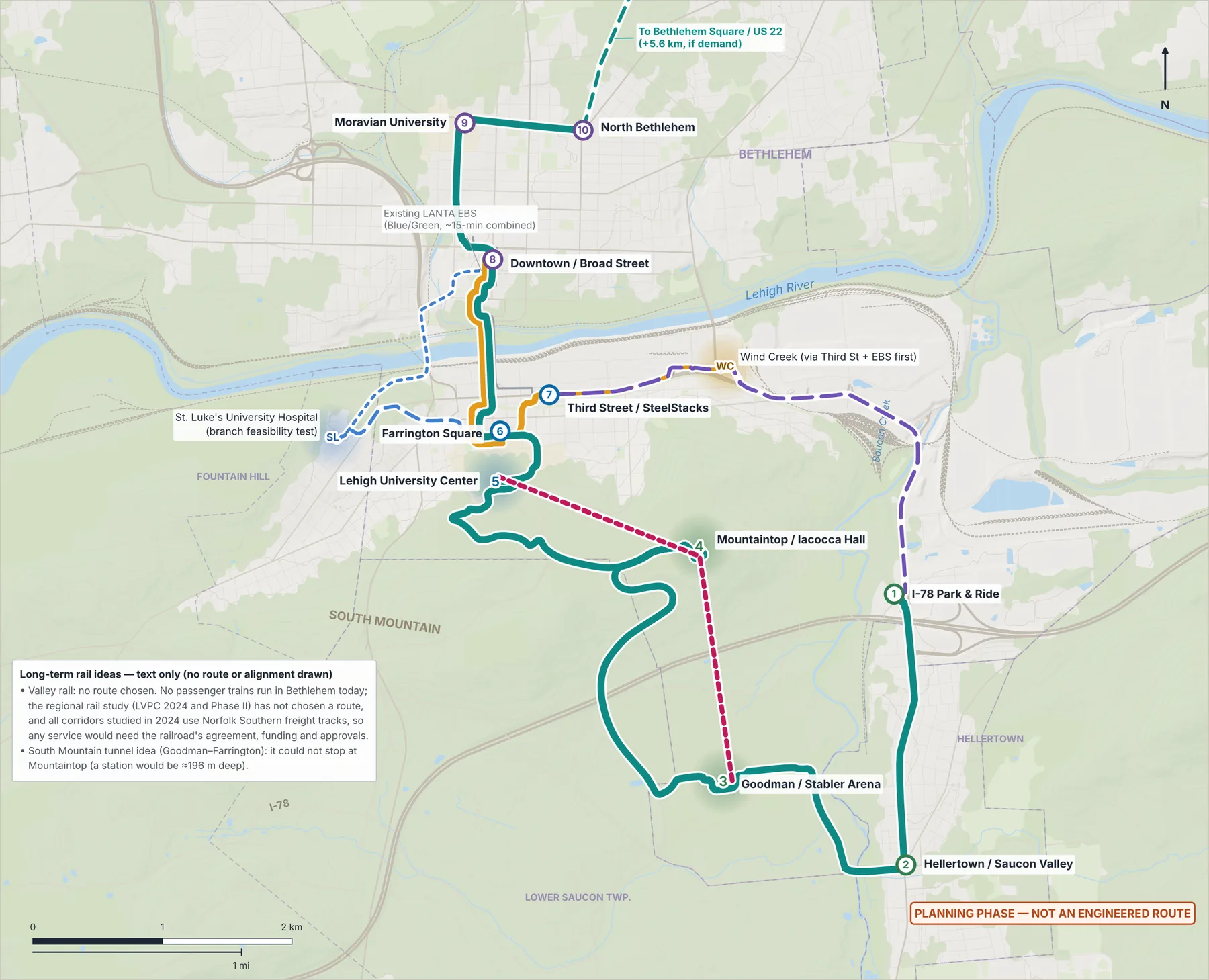 Map of the Connect Spine, the River Line and the options studied, over real terrain