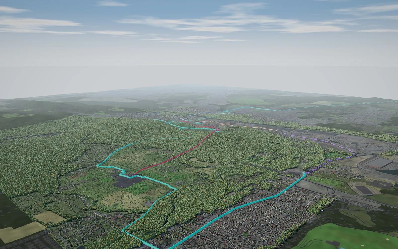 Illustrative aerial view of Bethlehem with the proposed network drawn over real terrain and buildings